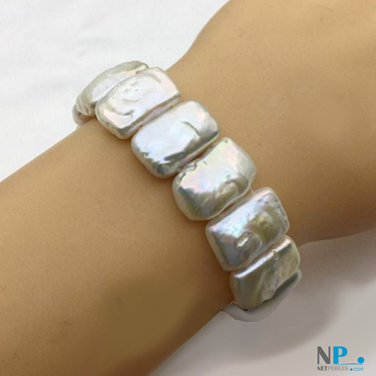 Bracelet de perles de culture d'Eau Douce rectangulaires et plates, blanches